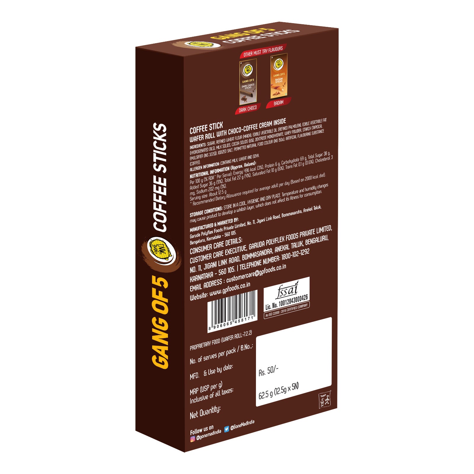 Gone Mad Gang of 5 Coffee Sticks – Crispy, Creamy Pack of 3 (187g)